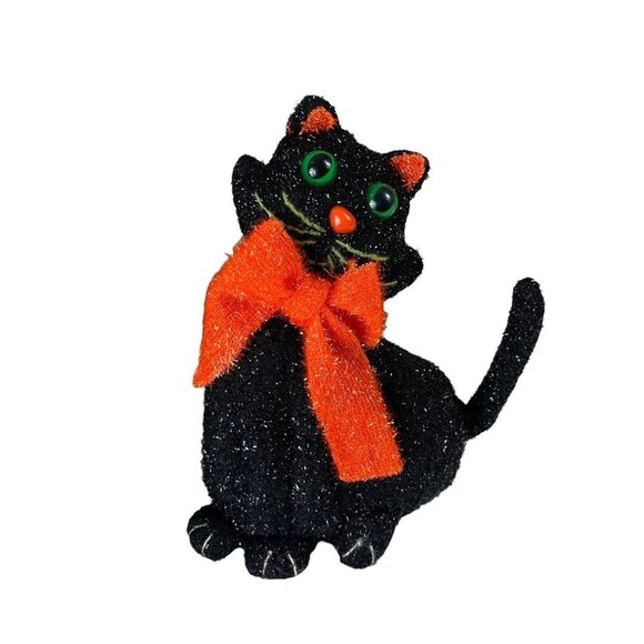 Halloween Cat Plush Set of 3 Sparkly Orange Black Cats Green Eyes Spooky Decor - Picture 6 of 7